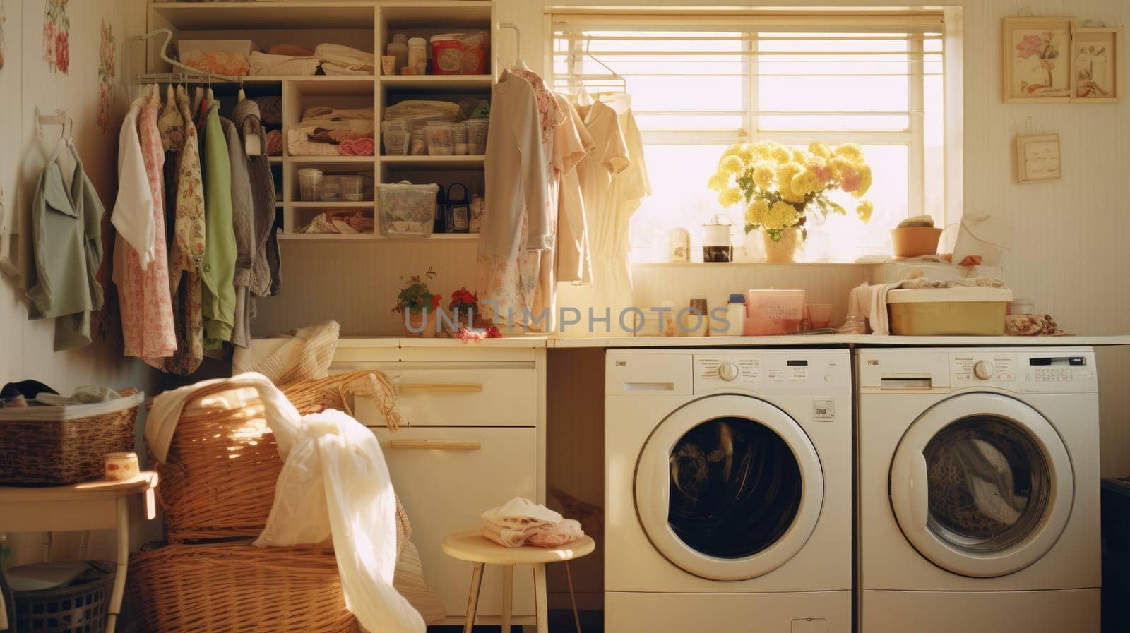 Messy Laundry room, minimal style with sunlight, AI Generative.