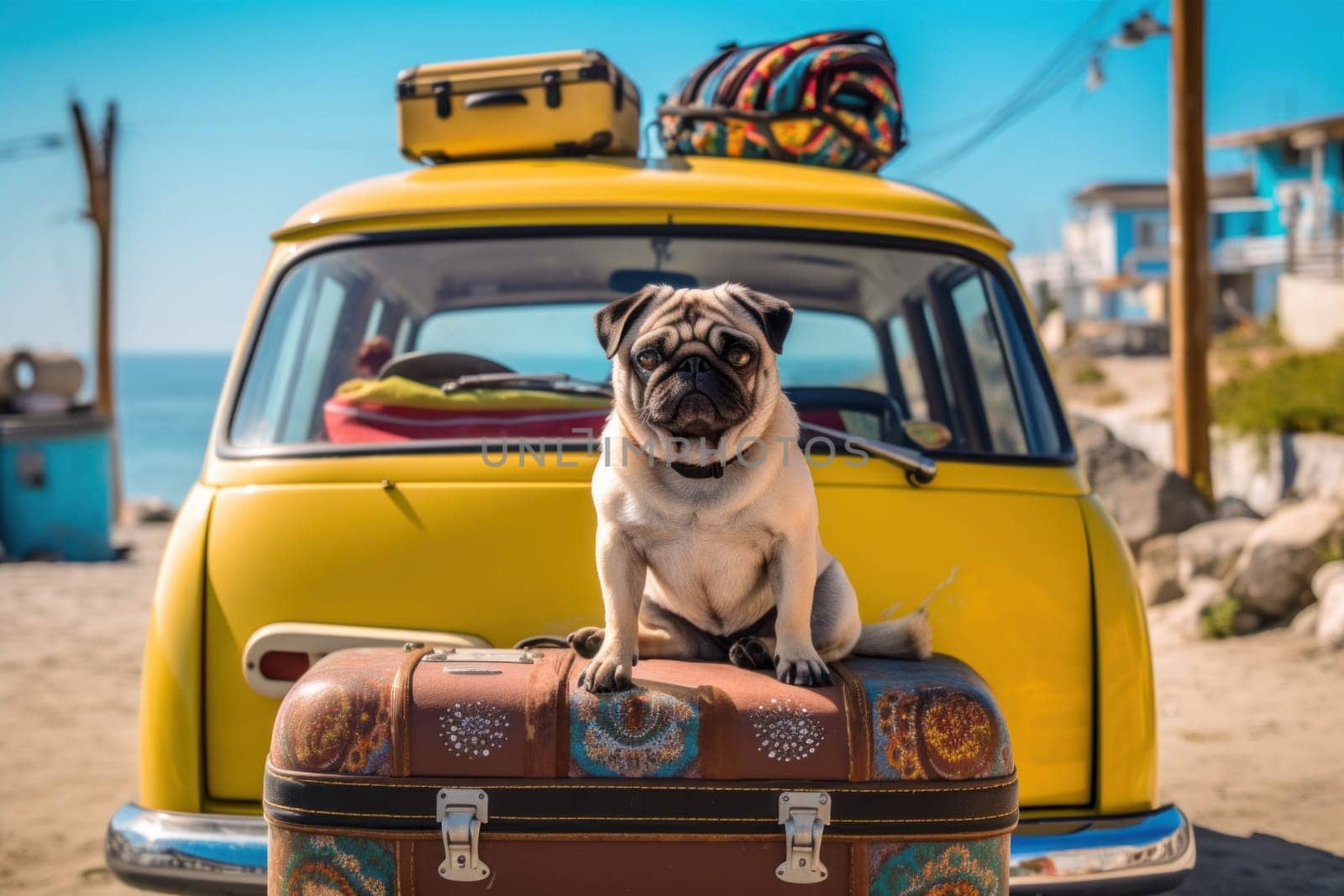 holiday vacation dog, travel with pet concept.