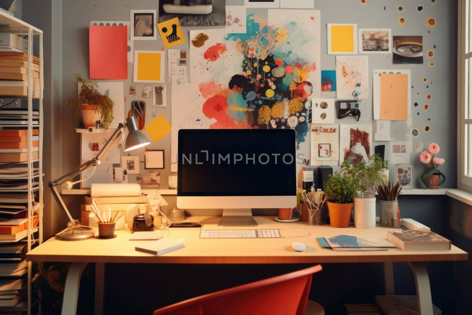 A designer's desk with a computer, designer's working table.