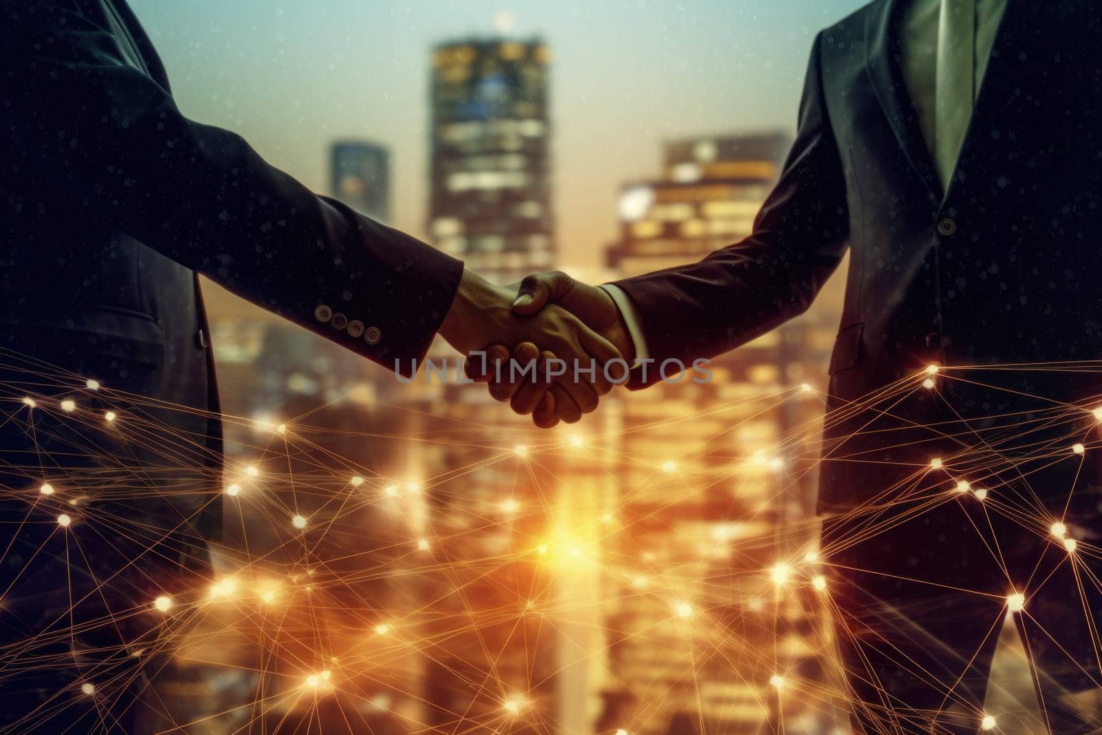 Double exposure on business people closing a deal with a handshake.