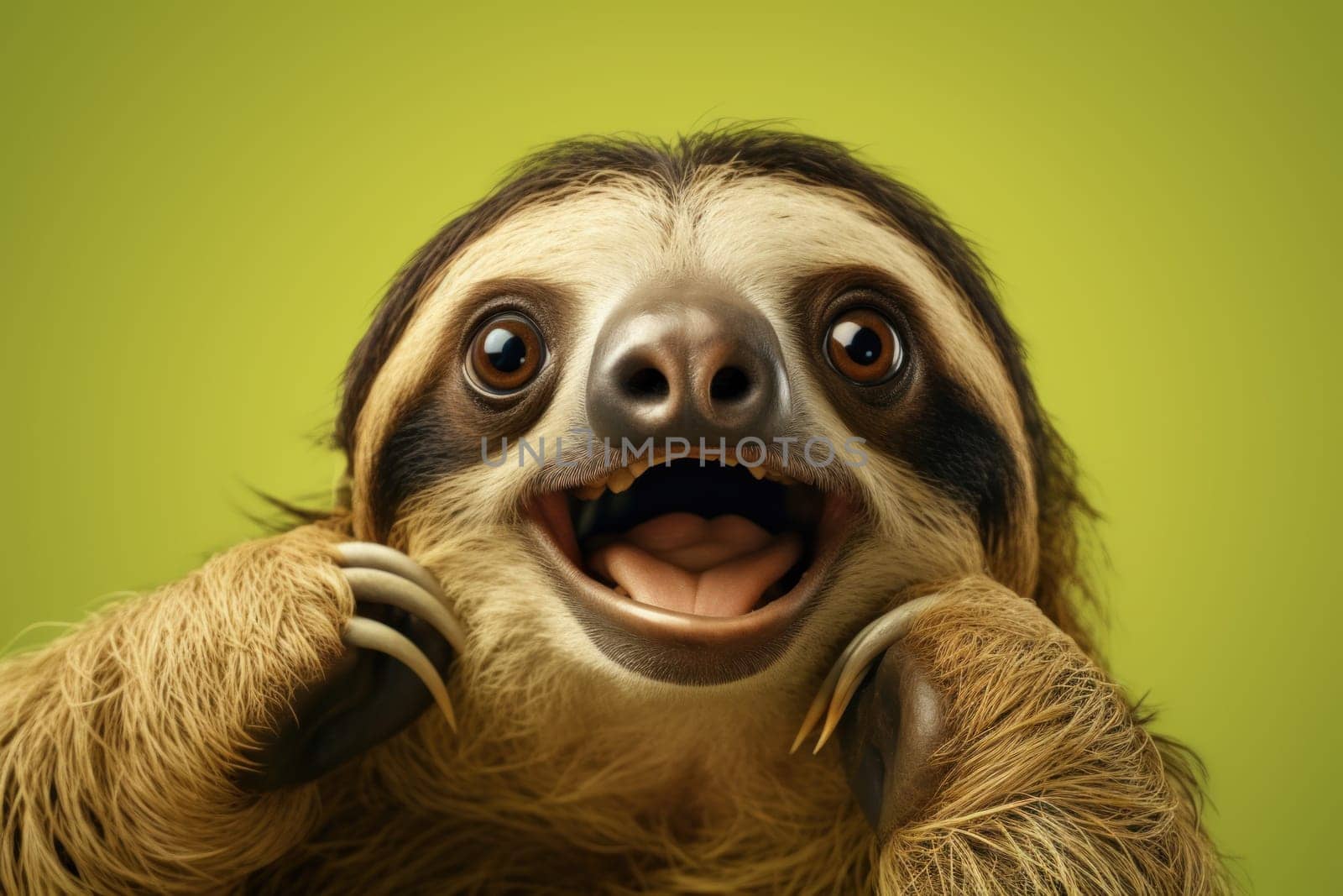 Funny surprised sloth studio shot isolated bright color background.