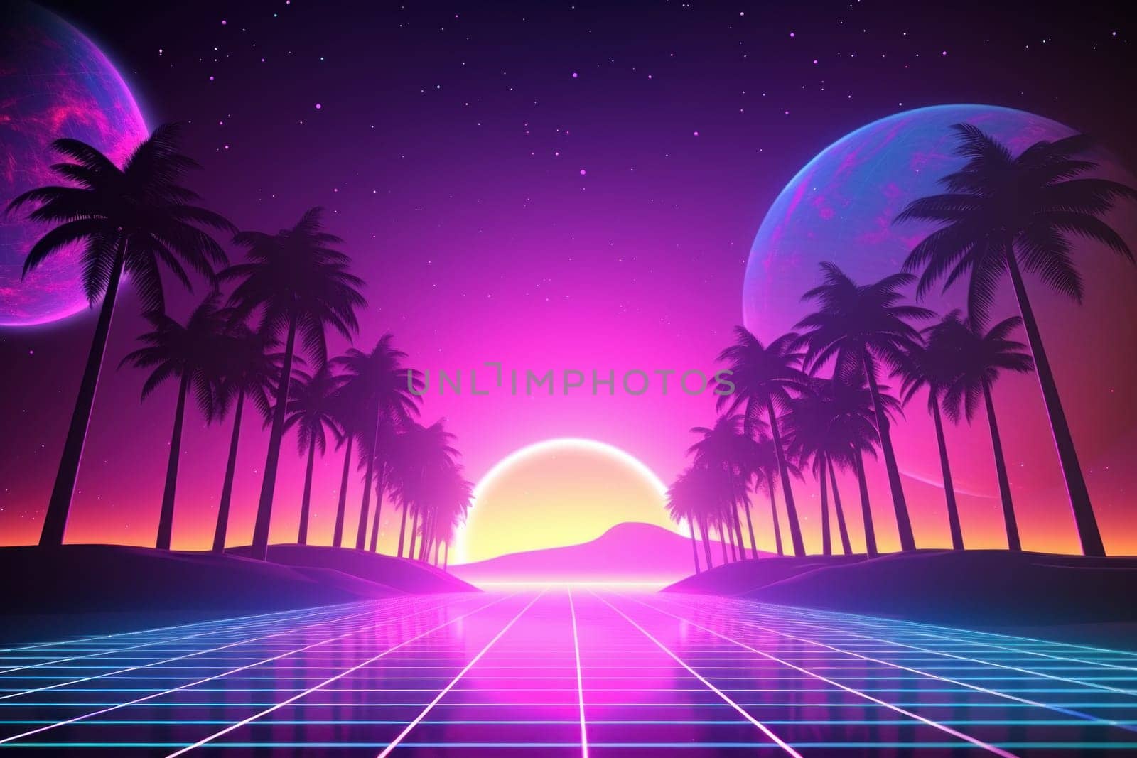 Retro Wave Music Festival Aesthetic scenery background, Retro futuristic 90s Style background.