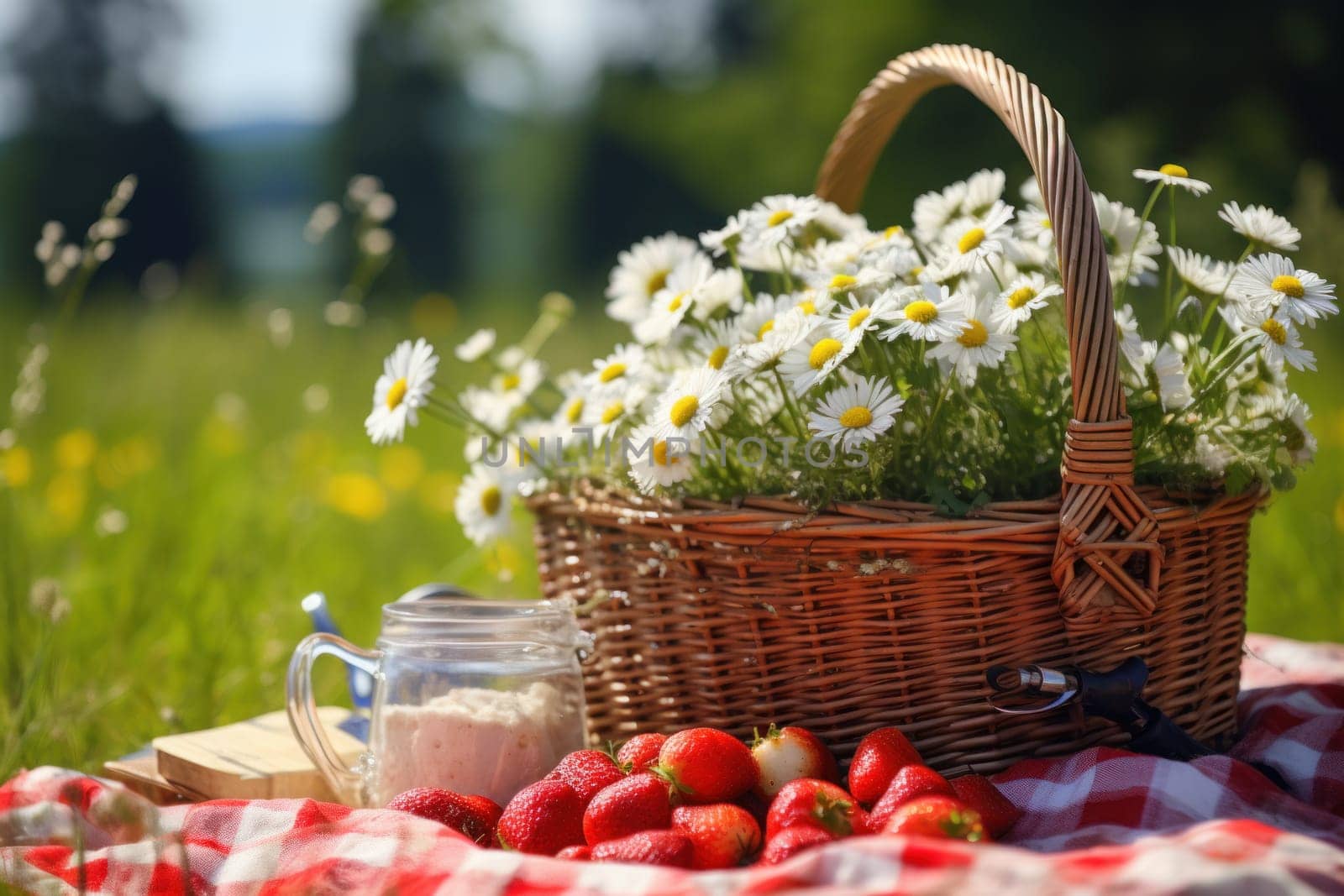 Photo of Picnic set with flowers in the garden countryside.