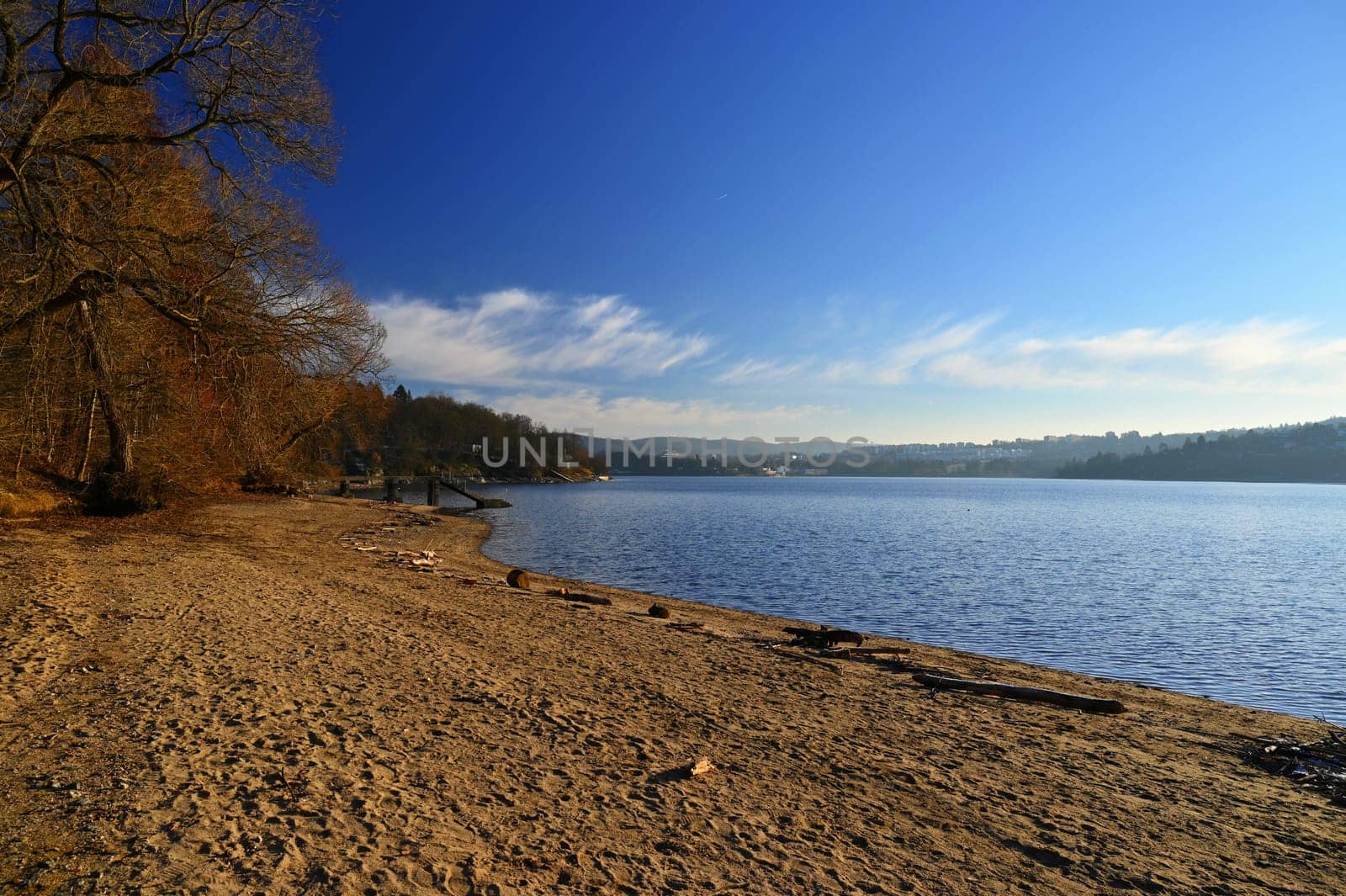 Brno Reservoir - City of Brno - Czech Republic - Europe. Beautiful landscape with water and beach. Nice sunny weather with blue sky in winter time.