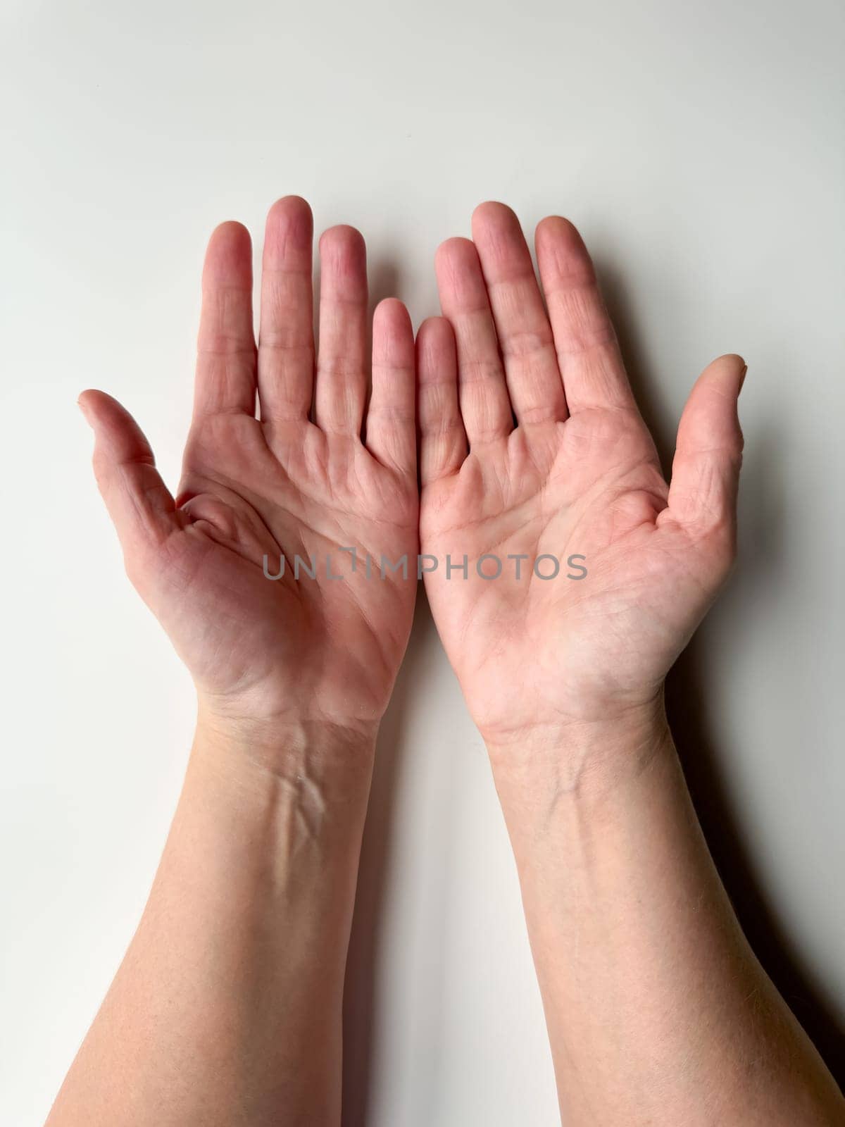 Beautiful cupped open hands of young woman on white background. by Lunnica