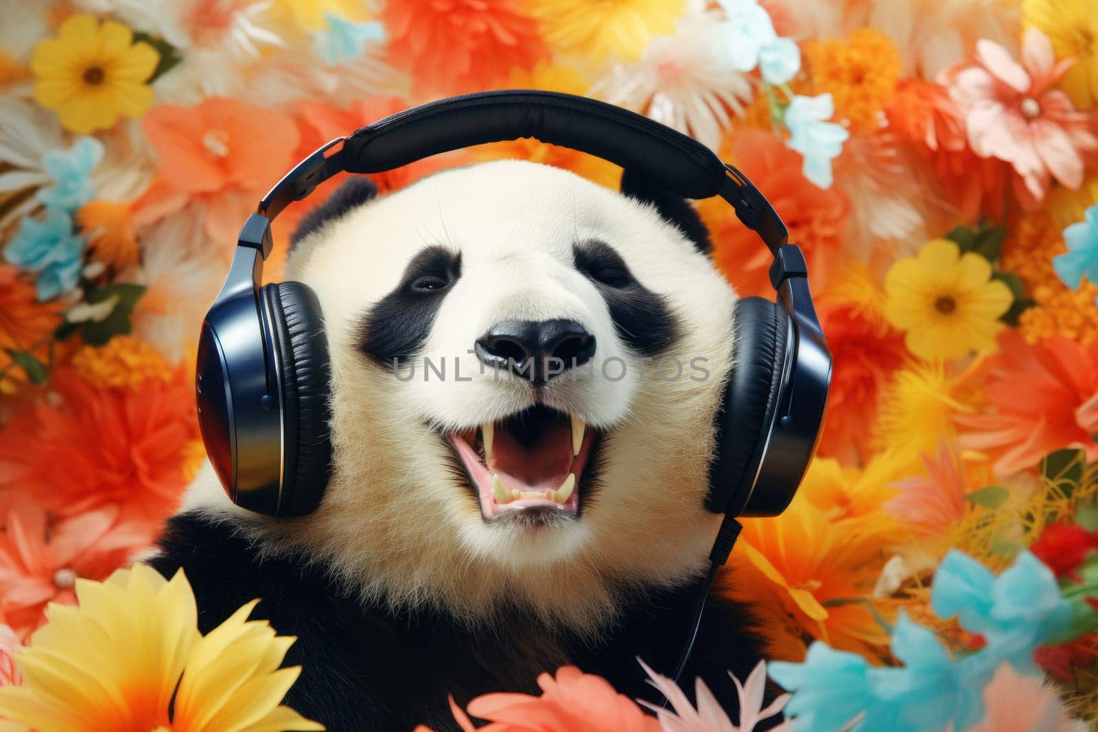 photography of a happy and relaxed big Panda with closed Eyes wearing Headphones, AI Generative.