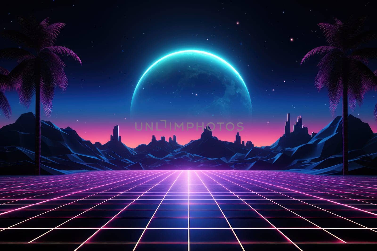 Retro Wave Music Festival Aesthetic scenery background, Retro futuristic 90s Style background.