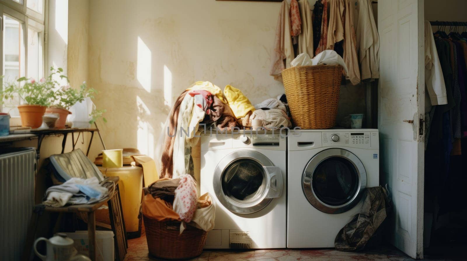 Messy Laundry room, minimal style with sunlight, AI Generative.
