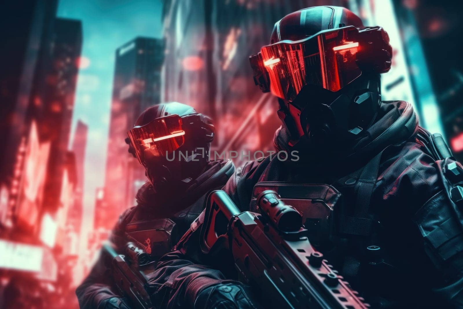Futuristic special force soldiers, Cyberpunk warrior portrait in neon light background by nijieimu