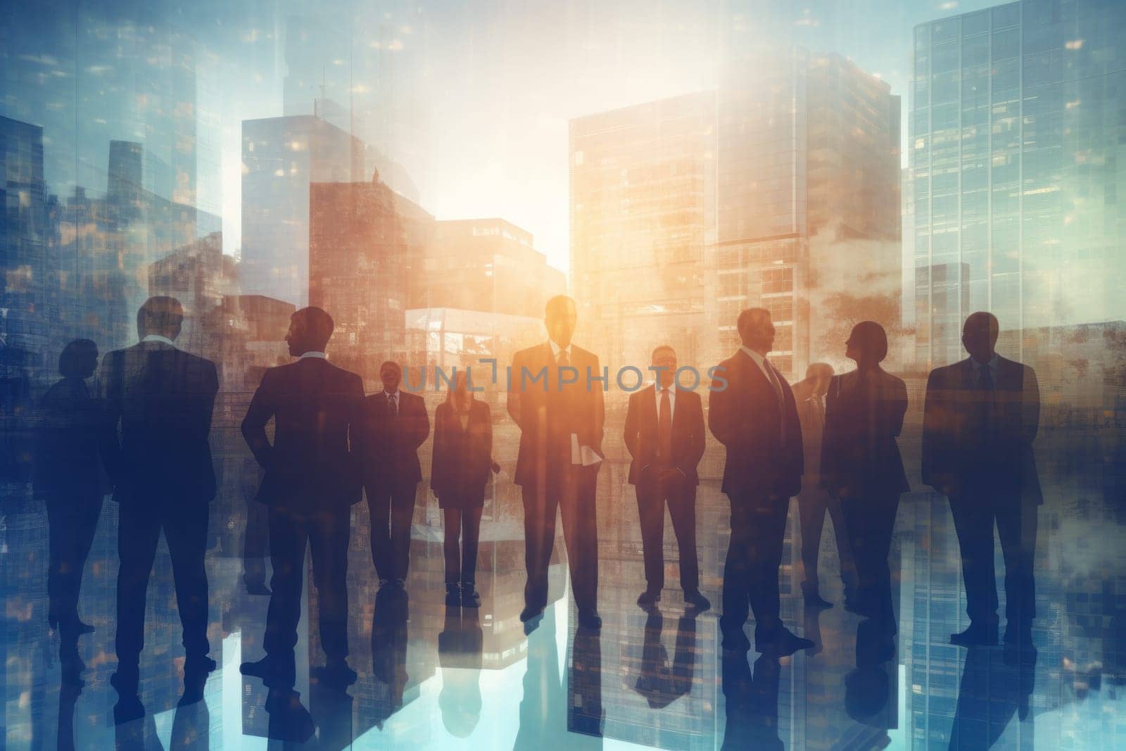 Double exposure image of business people conference group meeting on city building in background.