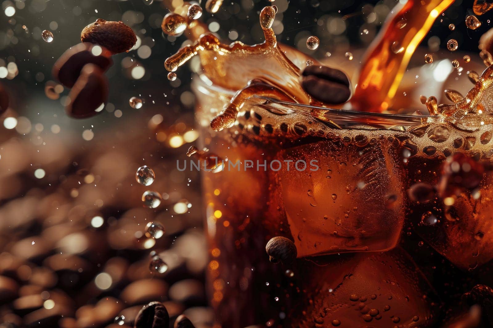 Cold coffee drink with ice, Beans and splash, Close up banner.