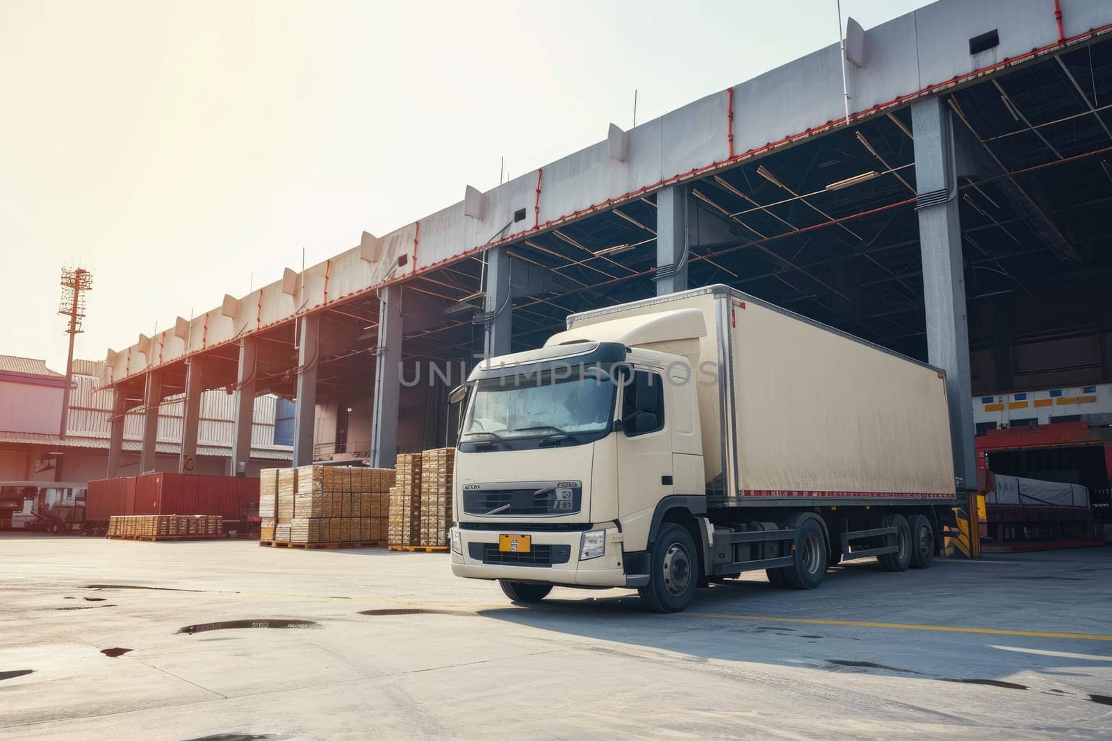 Logistics and transportation. White truck in the warehouse with boxes. for advertising.