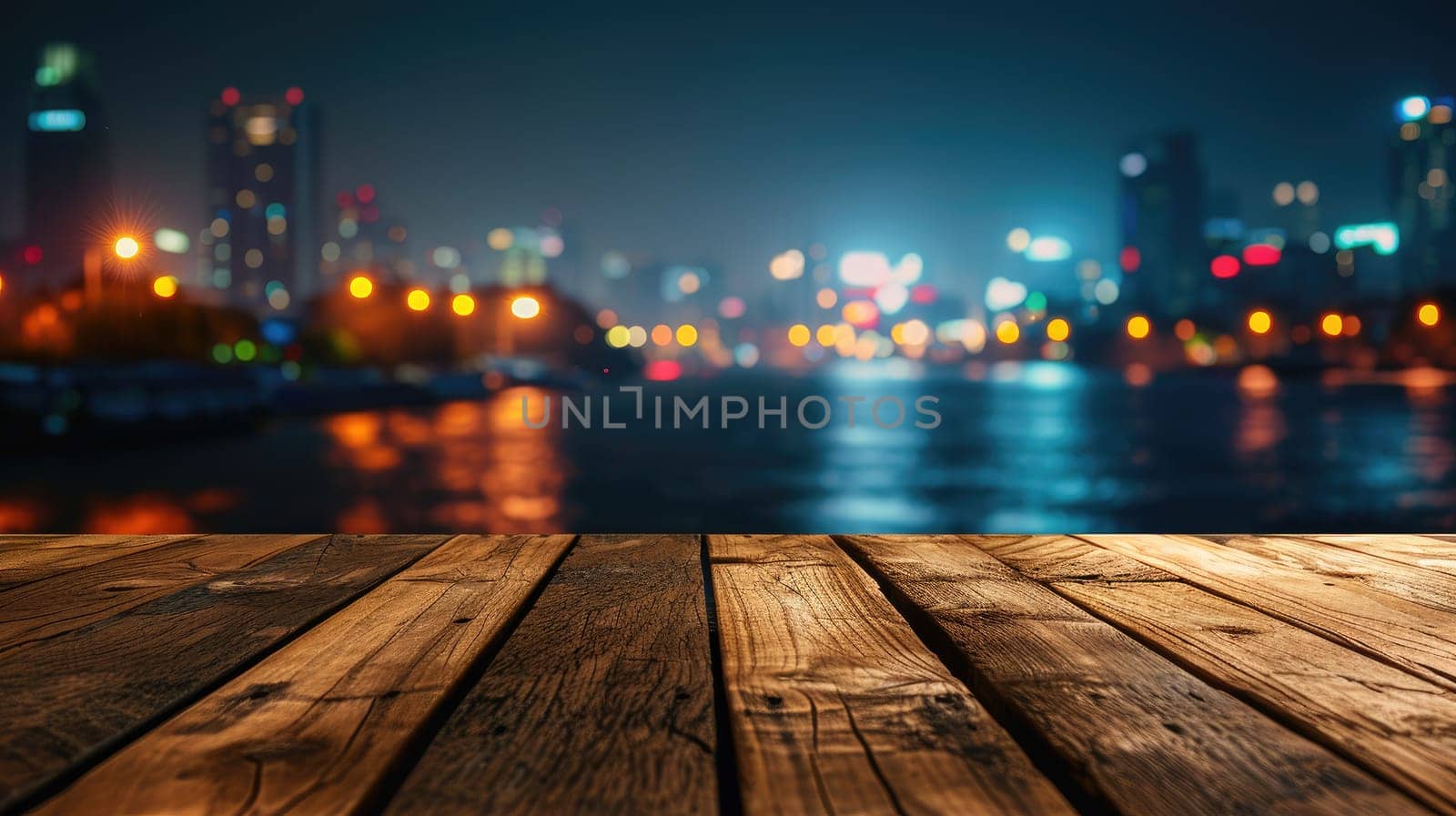Blank wood tabletop with blurred night city skyline and river, showcase, nightlife,.