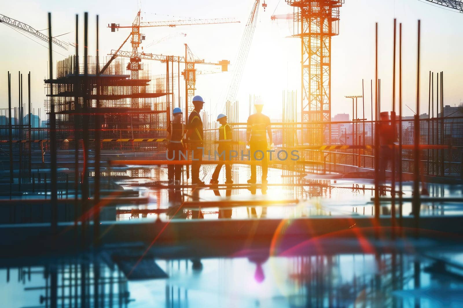 Silhouette of construction workers on the construction site at sunset.