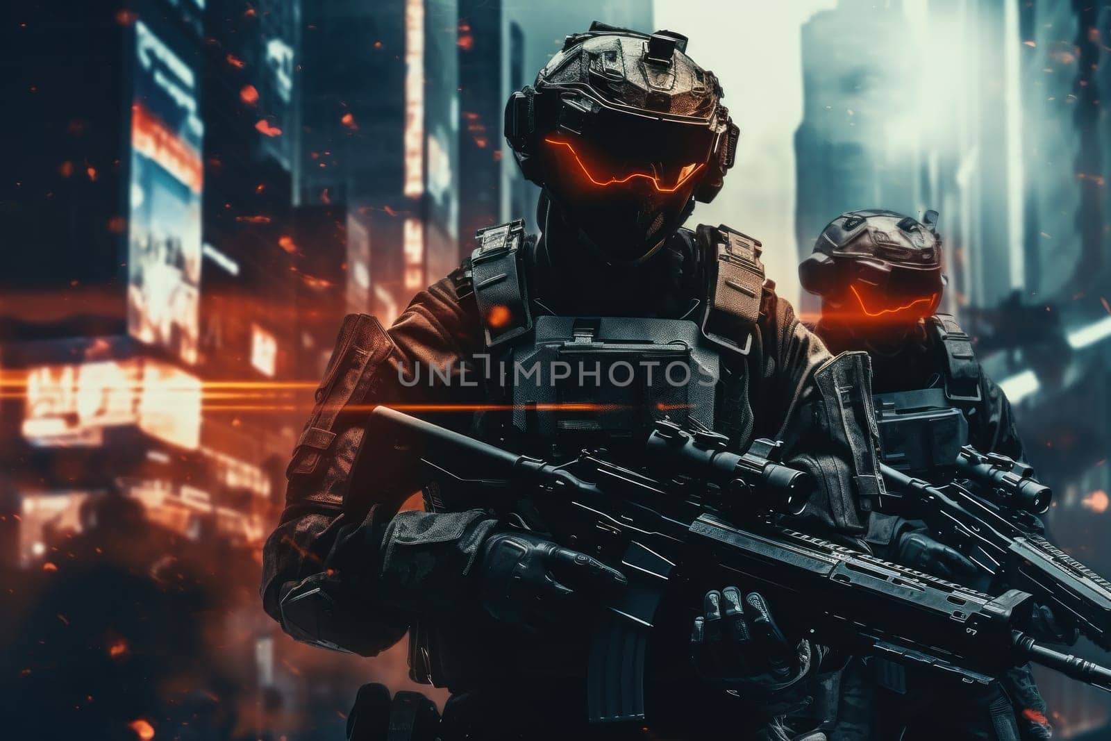 Futuristic special force soldiers, Cyberpunk warrior portrait in neon light background.