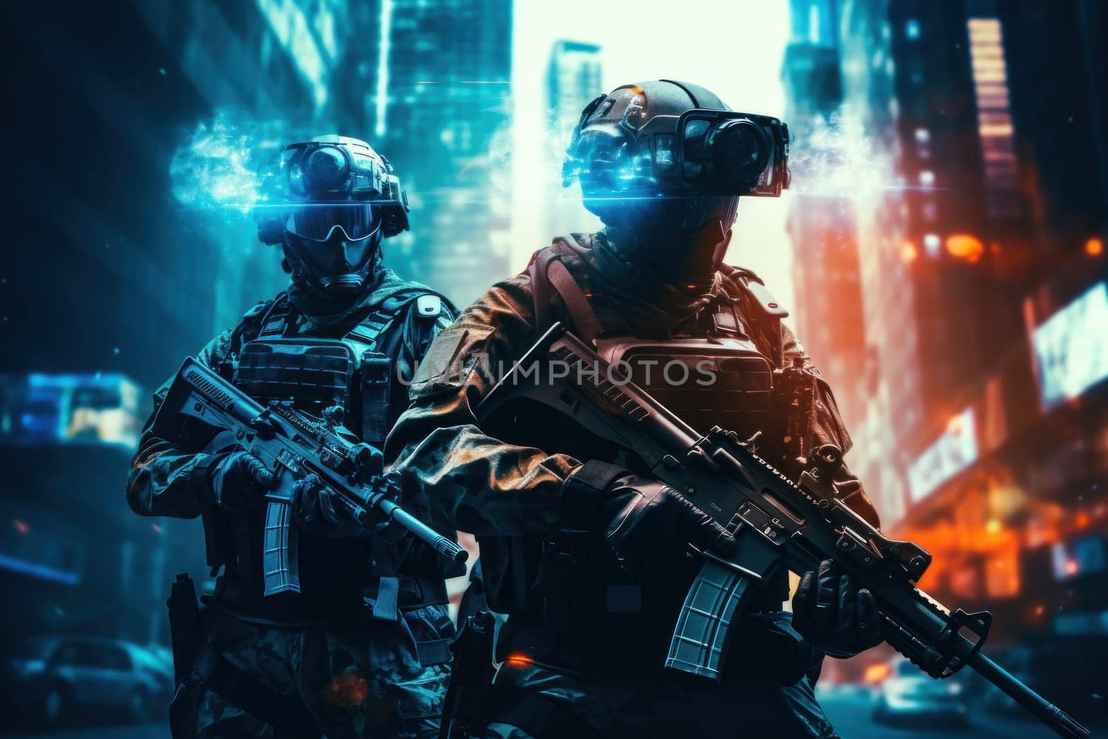 Futuristic special force soldiers, Cyberpunk warrior portrait in neon light background.