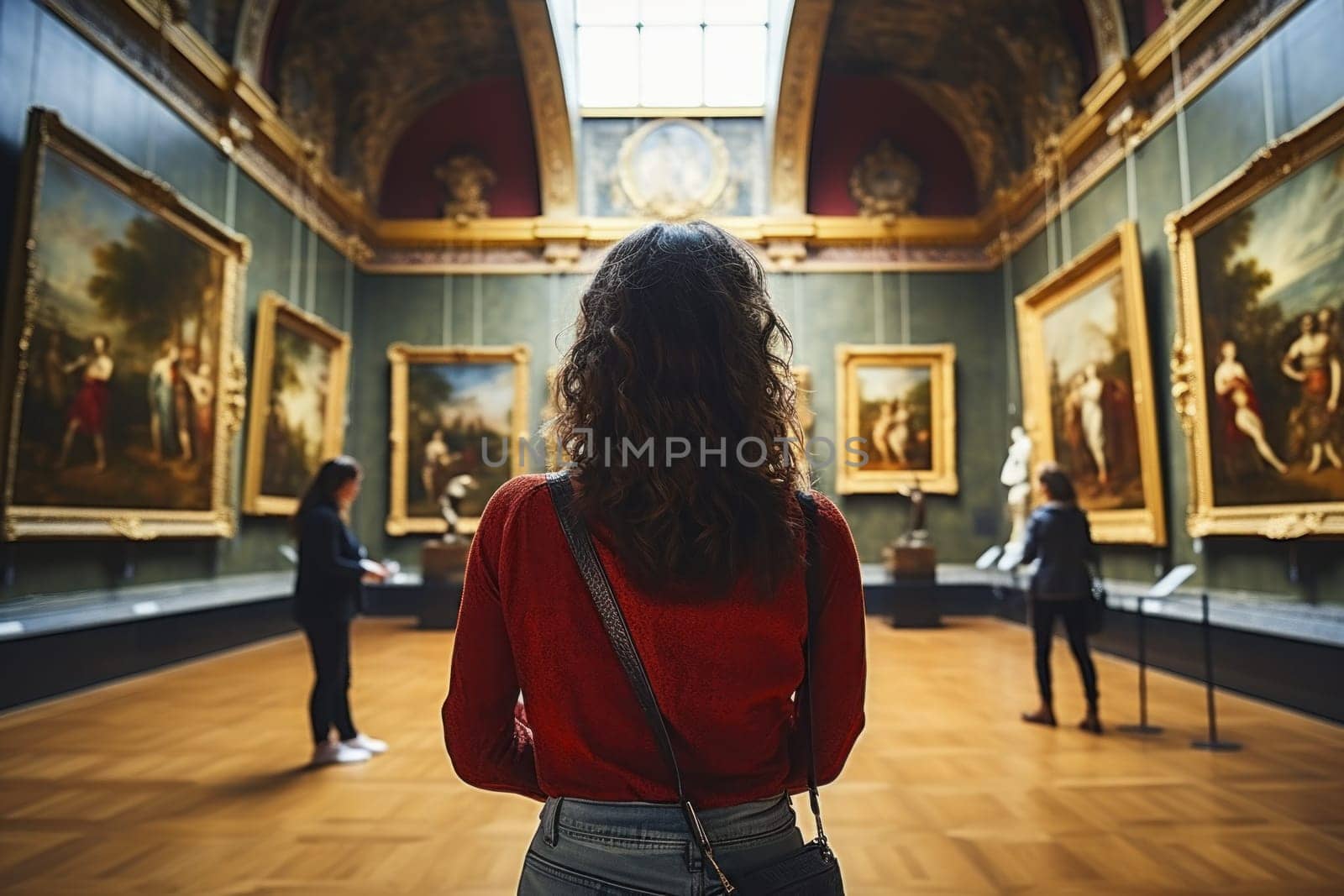 Back view of woman in Art Gallery Appreciating Artwork.