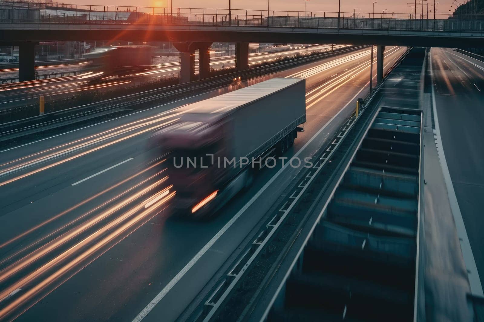 Truck with container on highway, cargo transportation concept. Fast delivery, blurred motion by nijieimu