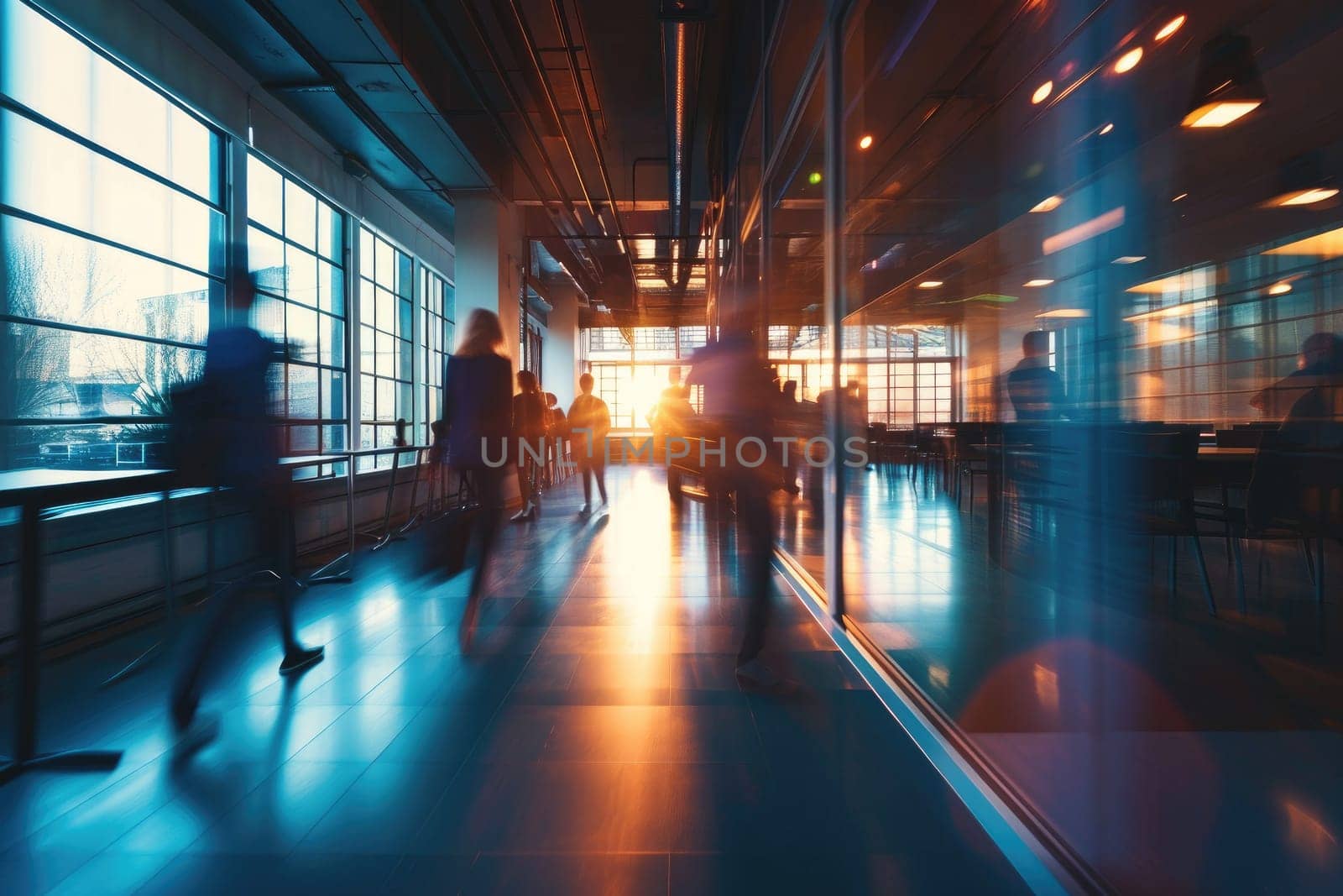 motion blur image of business people crowd walking at corporate office.