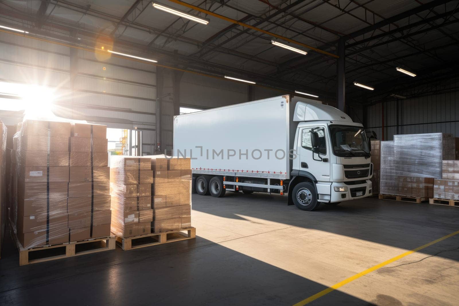 Sleek Delivery Vehicle in Warehouse, white truck, AI Generative.