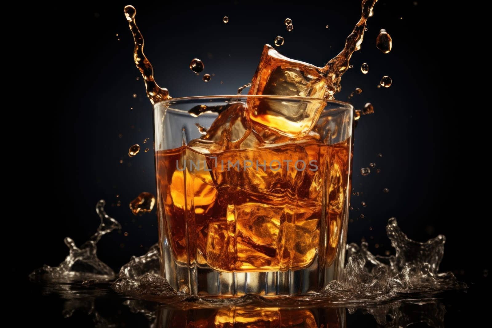 Glass of splashing whiskey or other alcohol with ice cube isolated on black background.