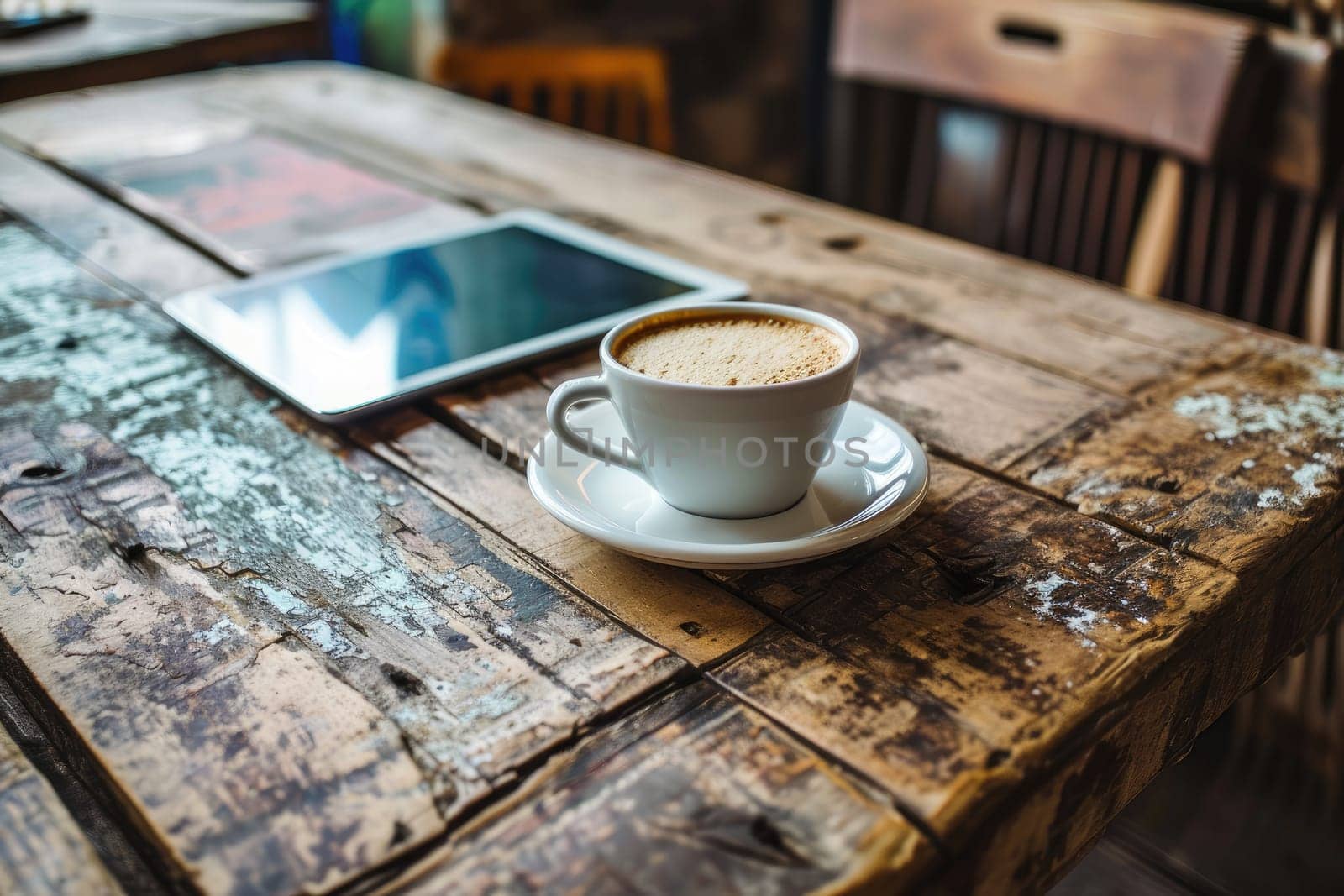 Empty tablet with a cup of coffee on wood work desk, soft focus vintage color tone.