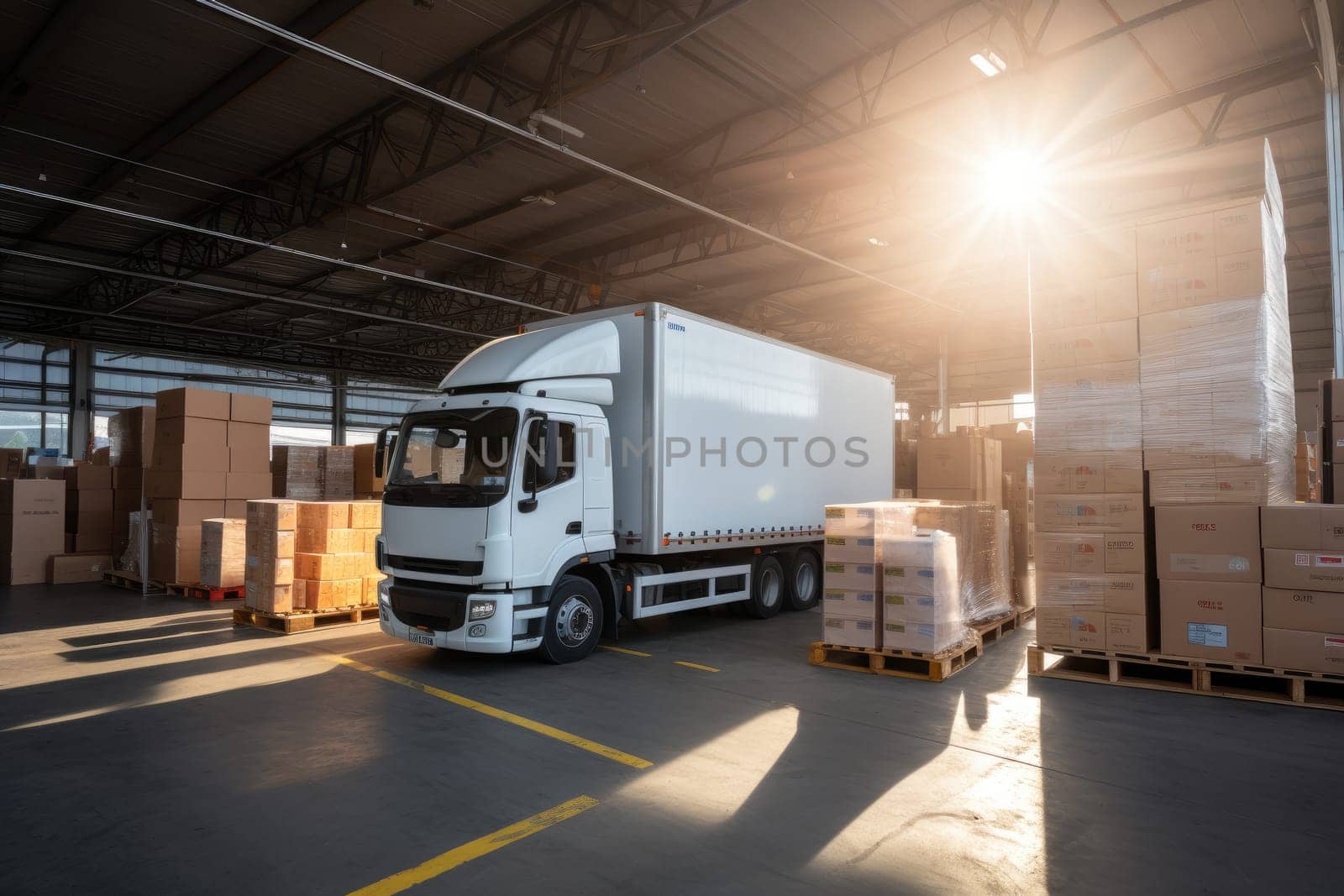 Sleek Delivery Vehicle in Warehouse, white truck, AI Generative by nijieimu
