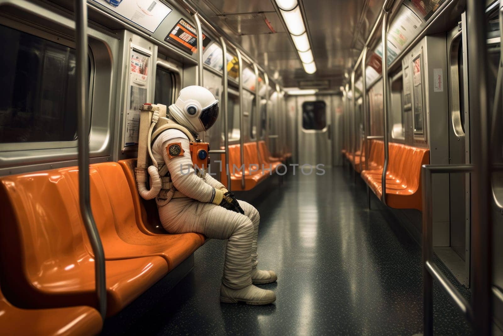 An astronaut in the subway. Astronaut in the urban environment.