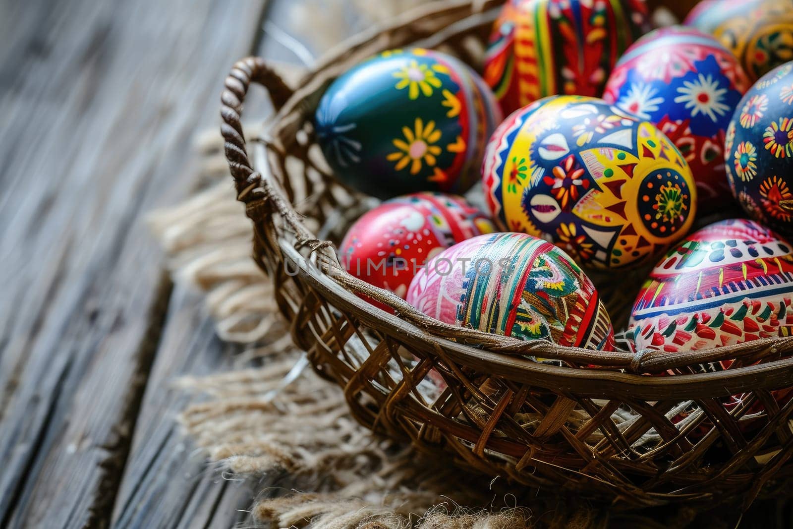 Colorful Easter eggs in basket, Easter background with copy space, Happy Easter day.