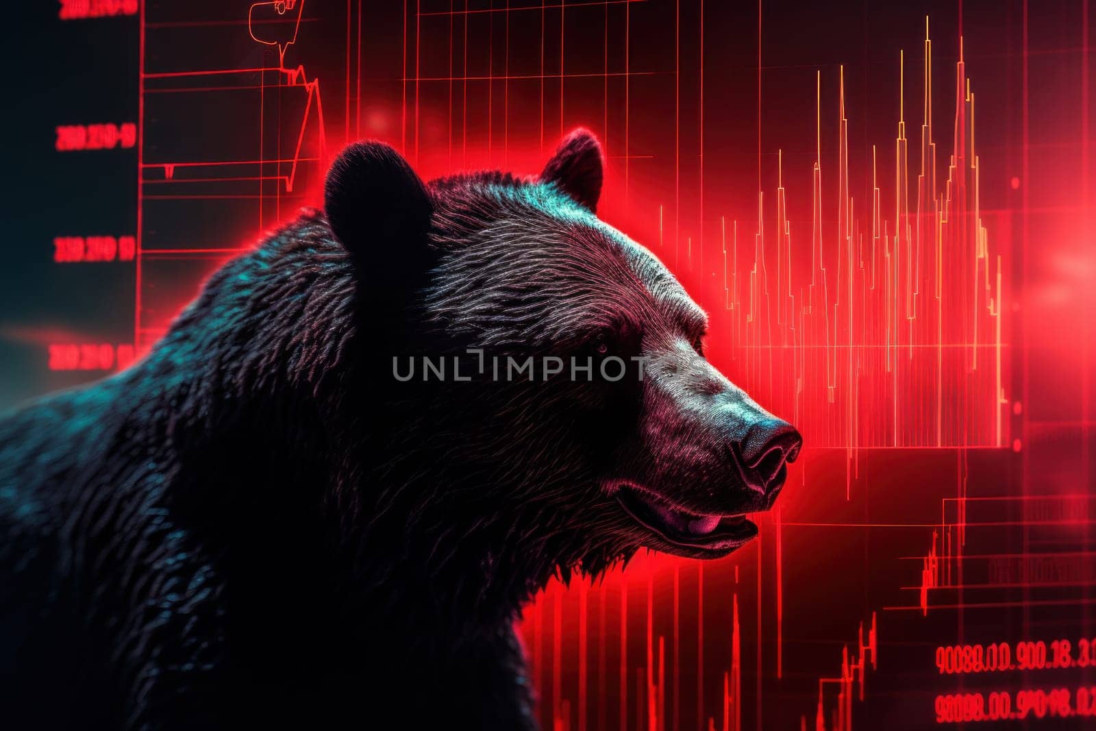 Double exposure of a silhouette bear and downtrend chart, the bear market is rising.