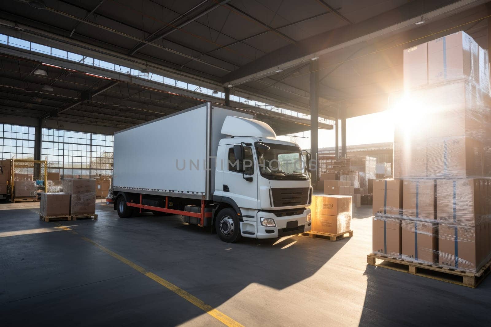 Sleek Delivery Vehicle in Warehouse, white truck, AI Generative.