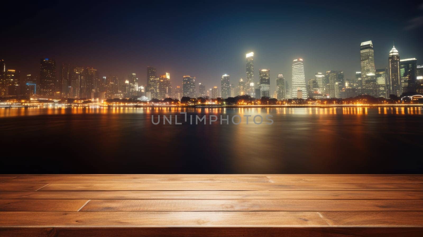 Blank wood tabletop with blurred night city skyline and river, showcase, nightlife, AI Generative.