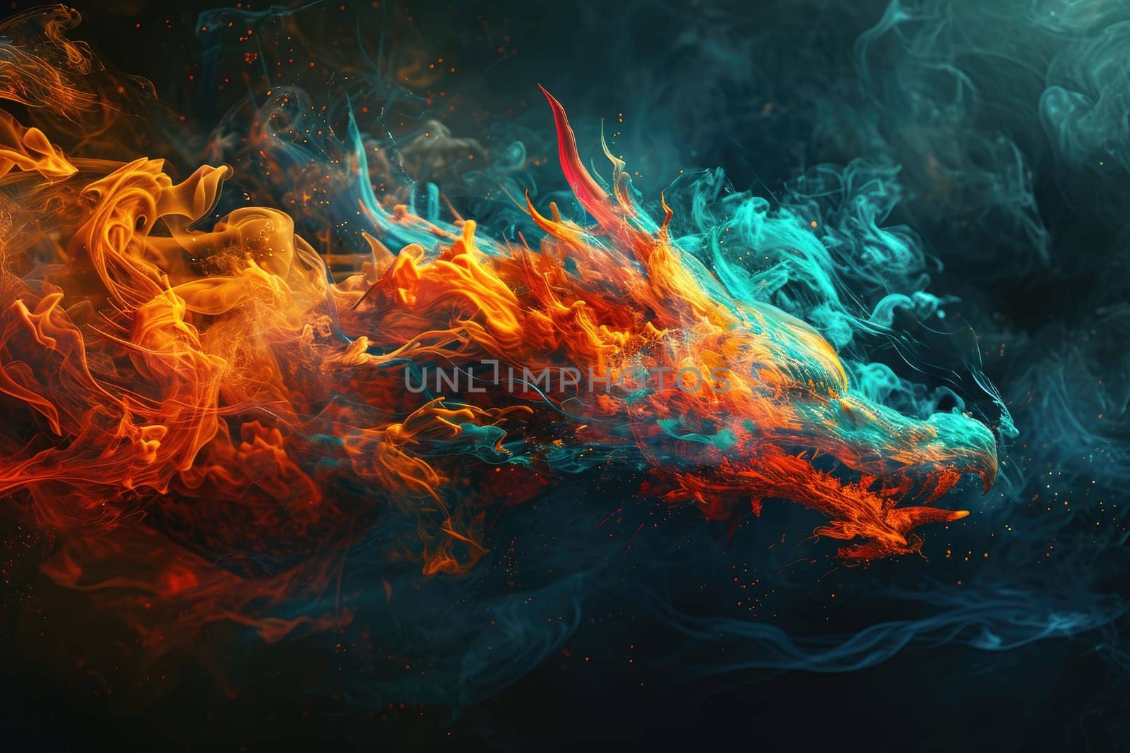 Image of dragon with colourful smoke on black background. Mythical creatures. Illustration.