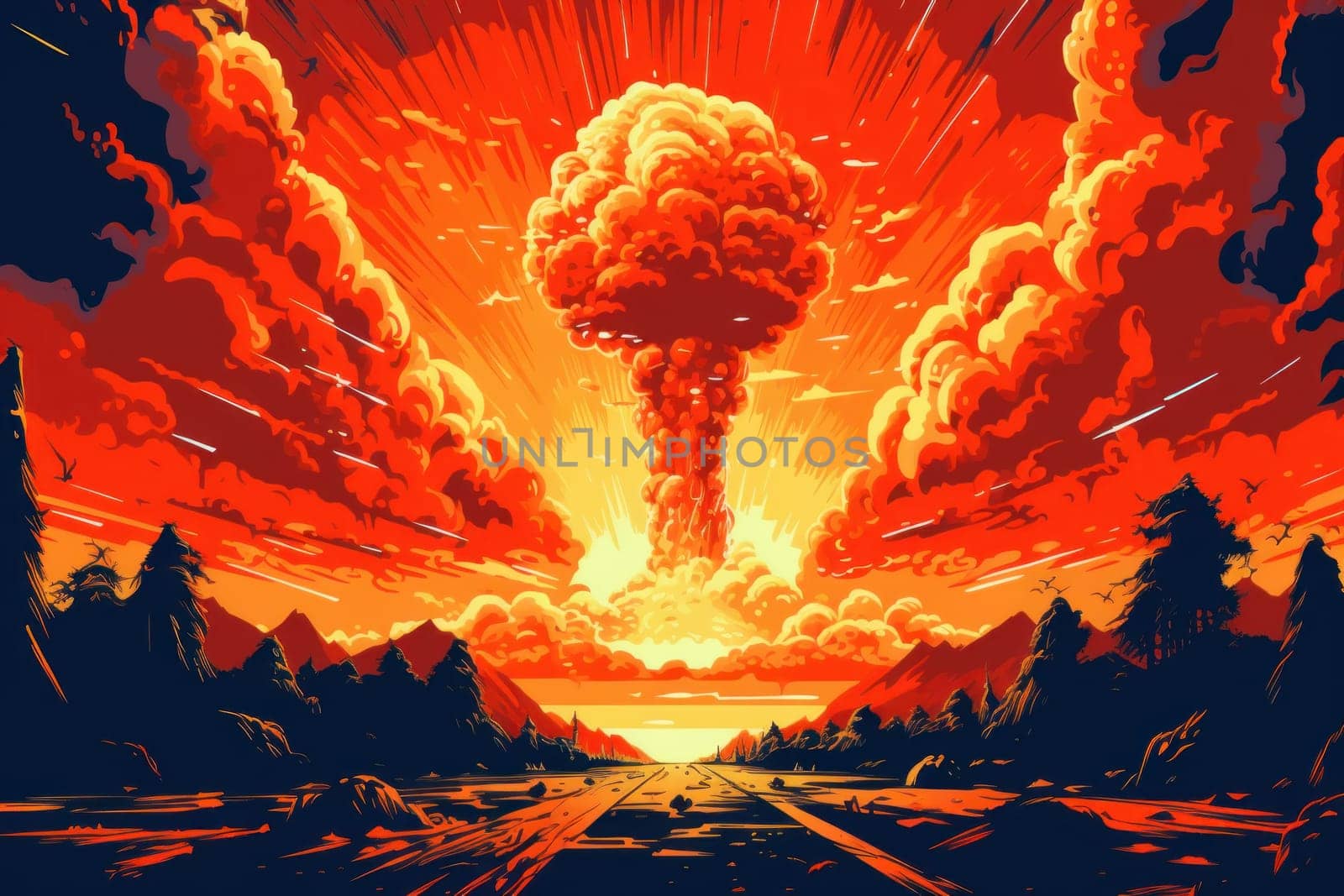 Cartoon pop Art background nuclear explosion.