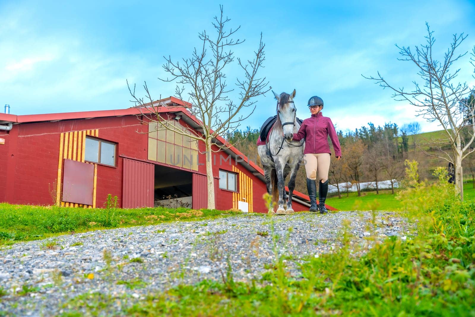 Woman and horse walking along a path in an equestrian center