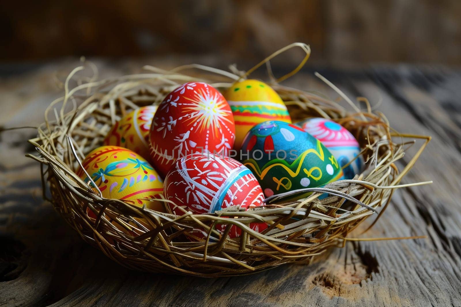Colorful Easter eggs in basket, Easter background with copy space, Happy Easter day.