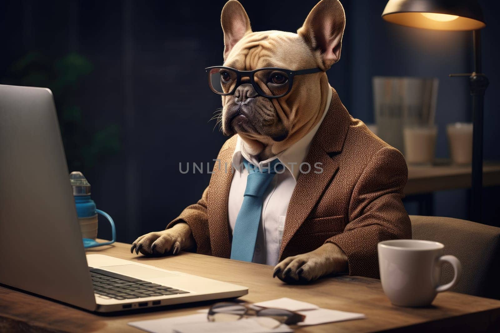 dog in a suit and tie works in the office, animal theme, AI Generative.