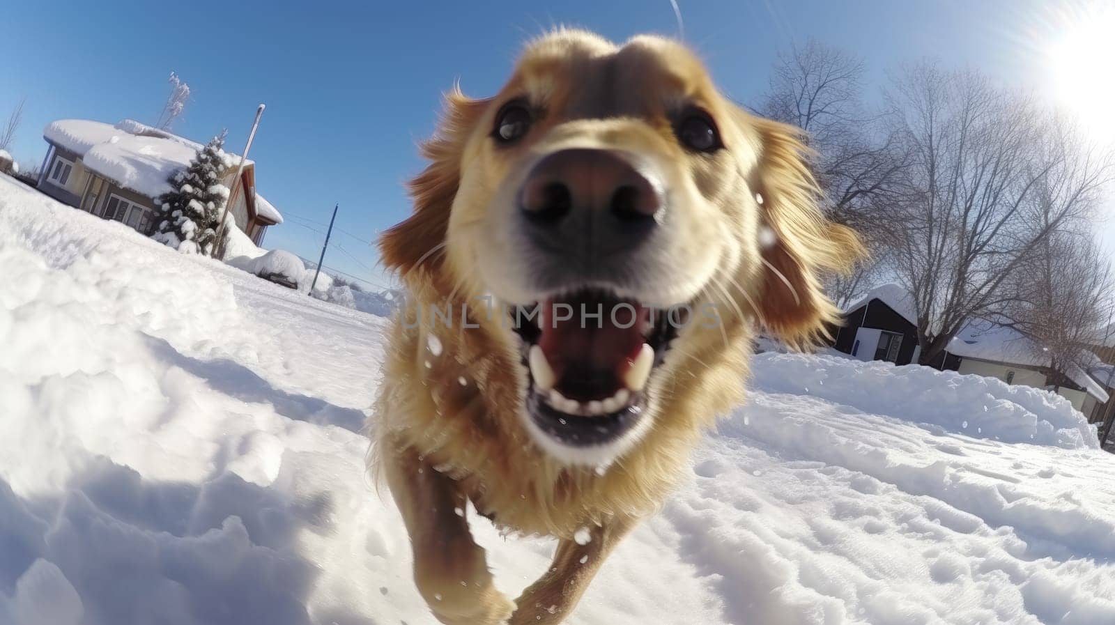 Fisheye portrait of dog on snow covered field, AI Generative.