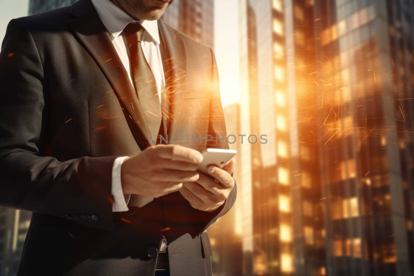 Business background, businessman double exposure effect and city buildings illustration.