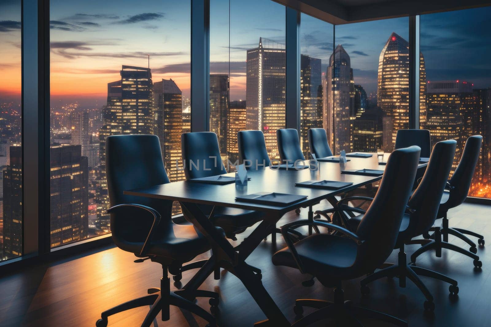 table meeting room desk sunlight and bokeh light at modern office room tower view background.