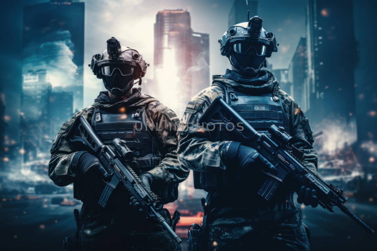 Futuristic special force soldiers, Cyberpunk warrior portrait in neon light background by nijieimu