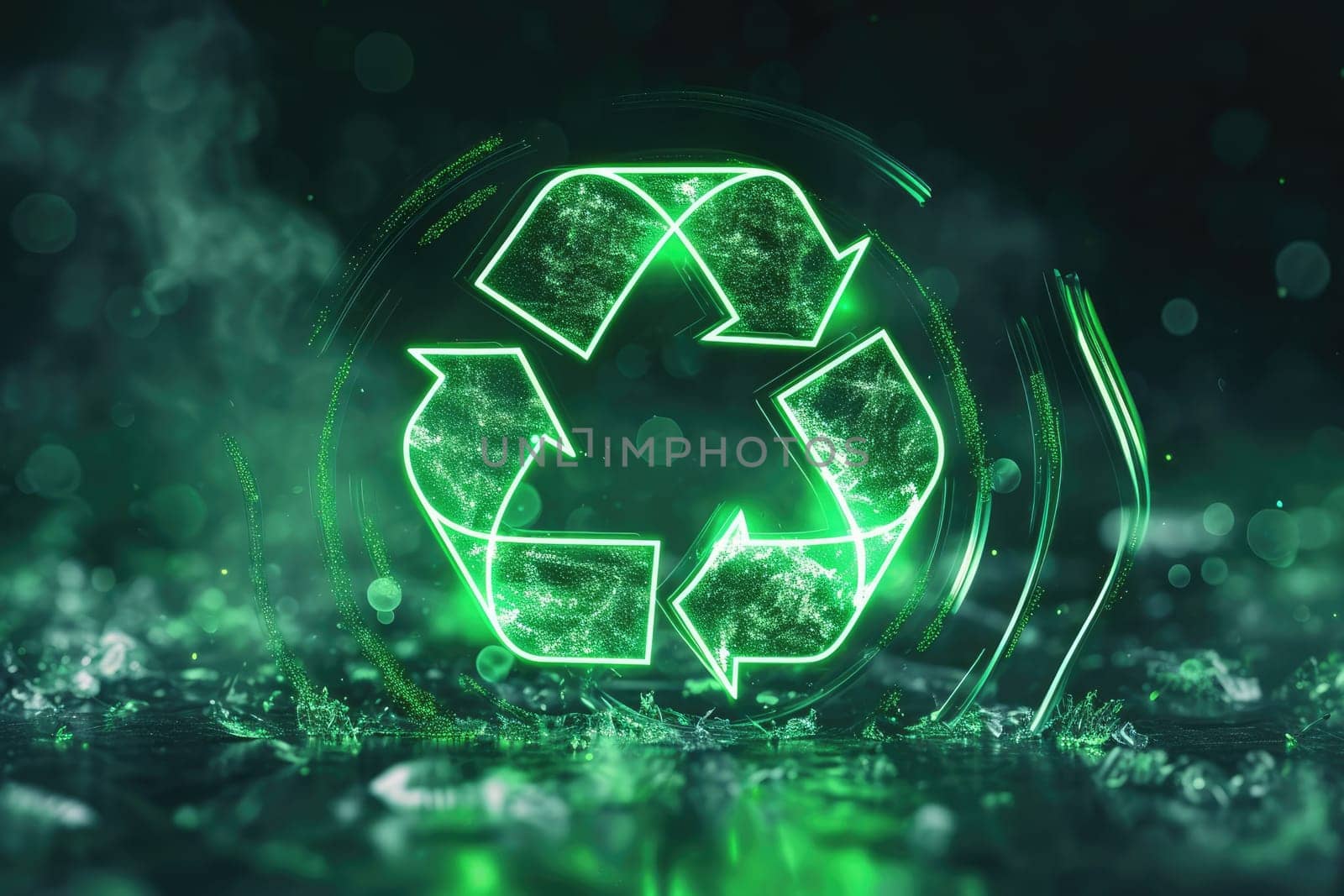 Glowing sign of green recycling symbol on black background. futuristic design, green light effect by nijieimu