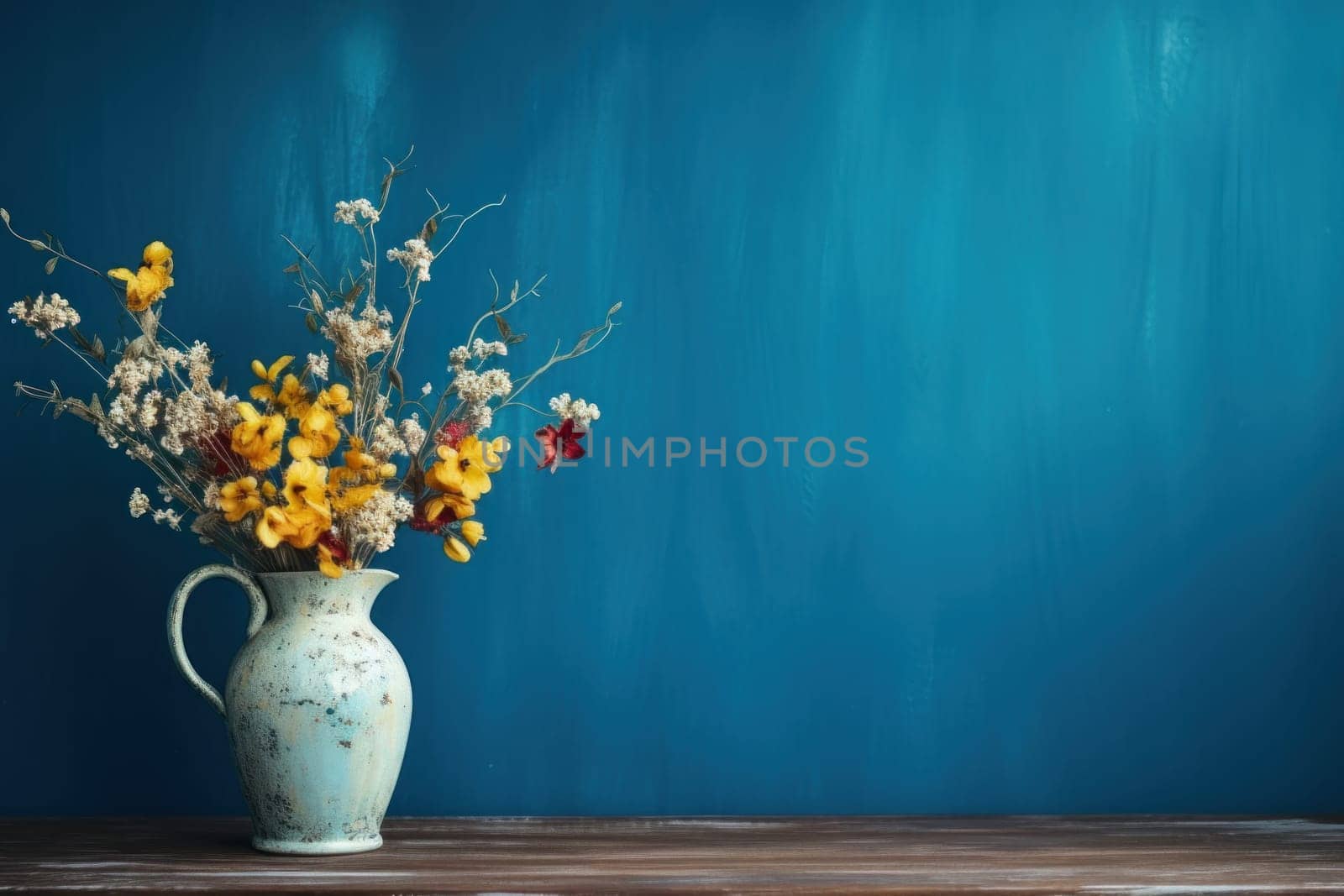 Vase of wildflowers on wooden table and pastel wall texture background.