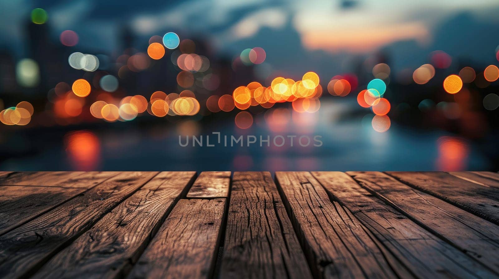 Blank wood tabletop with blurred night city skyline and river, showcase, nightlife,.