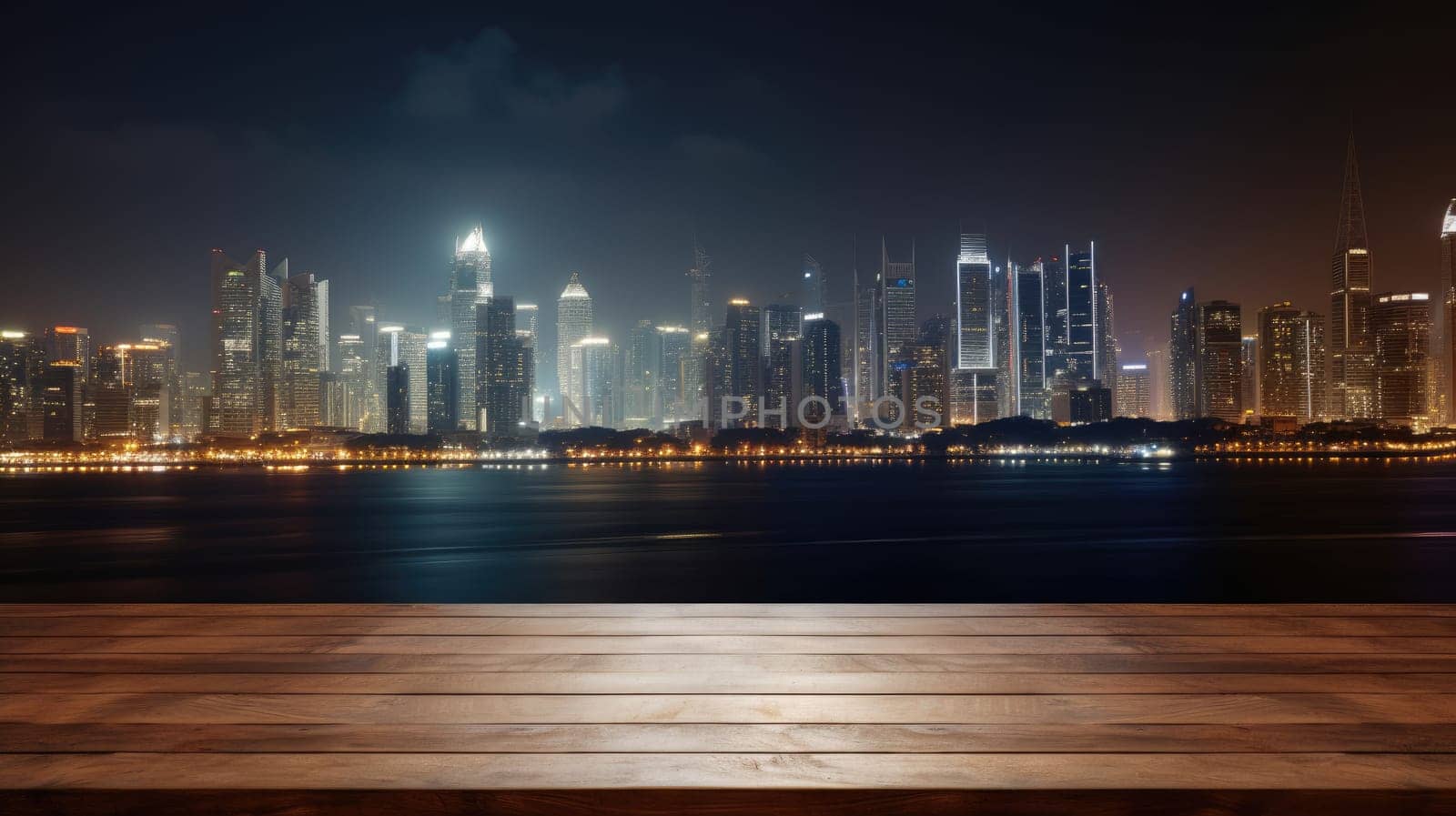 Blank wood tabletop with blurred night city skyline and river, showcase, nightlife, AI Generative.