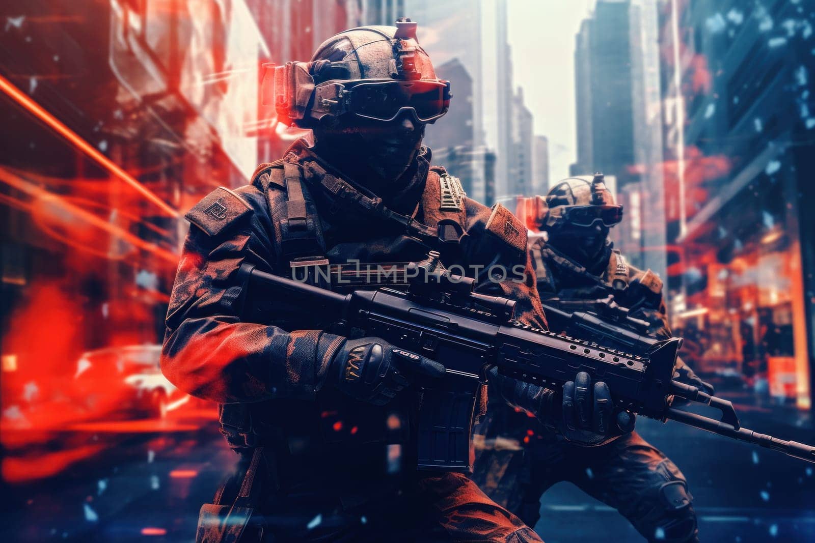 Futuristic special force soldiers, Cyberpunk warrior portrait in neon light background.