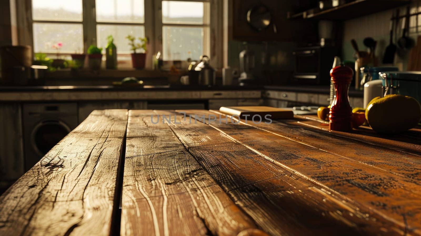 Empty table in modern kitchen interior, Empty wooden counter table top for product display.