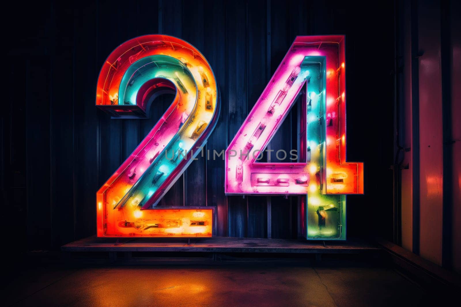Happy new year 2024 neon light. Colorful design, trendy style, Number 24.