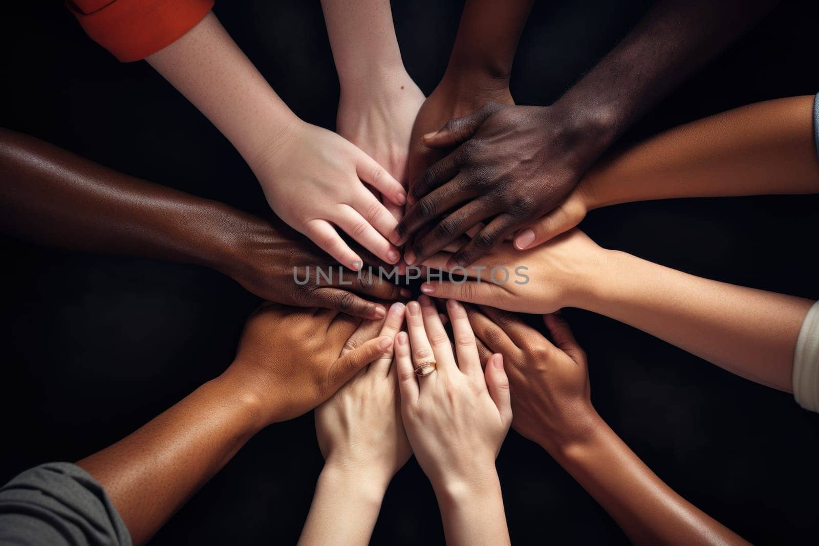 No room for racism, Many hands of different races and ethnicities. United for equality.