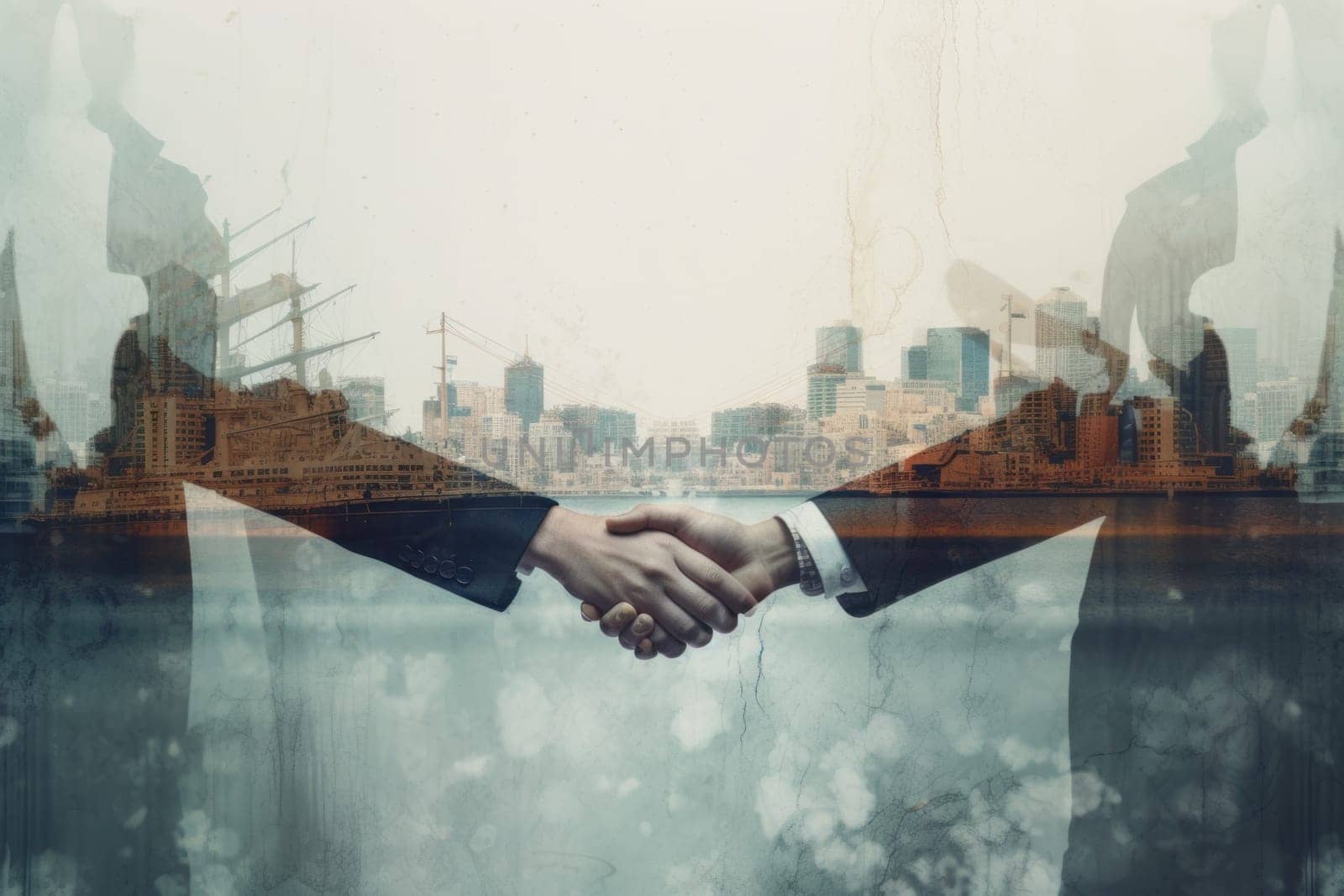 Double exposure on business people closing a deal with a handshake.